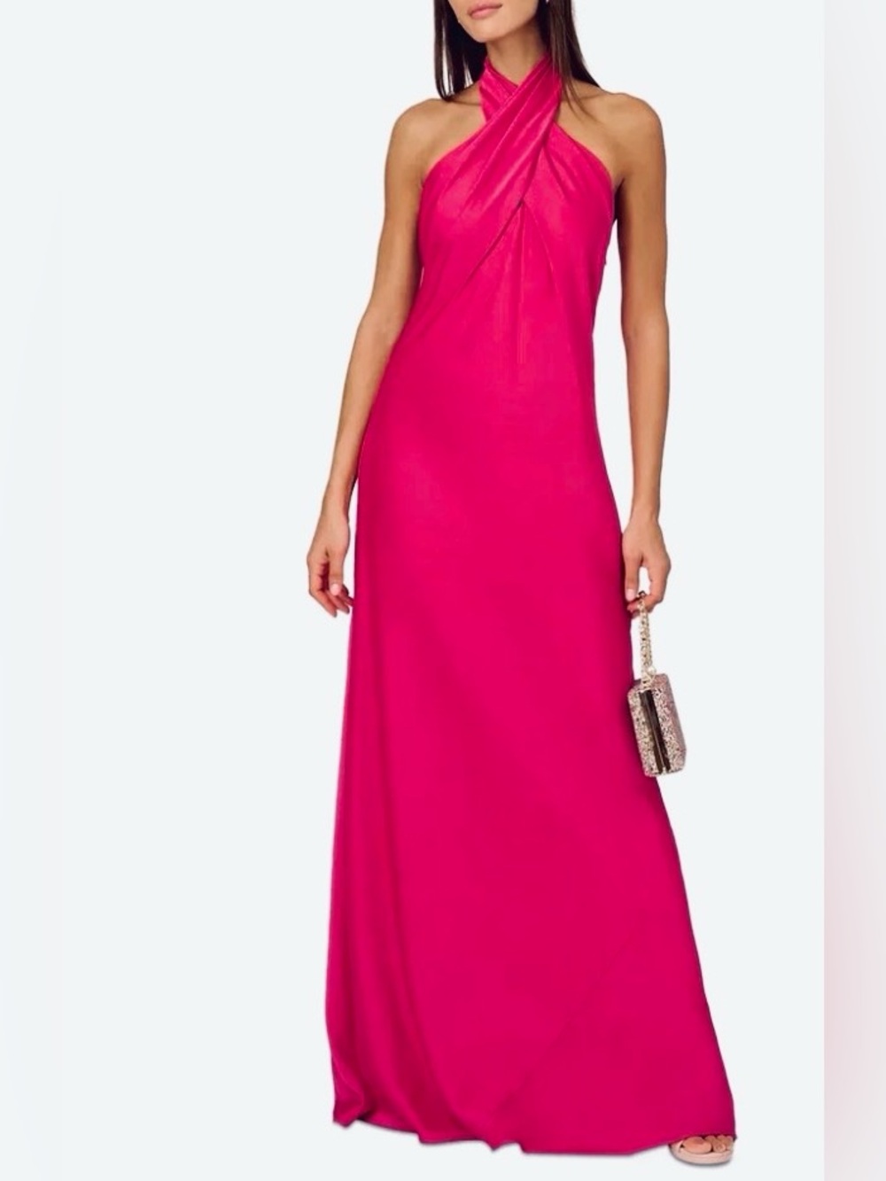 Adrianna Papell Women's Deep Pink Satin Halter Maxi Dress Sz 4